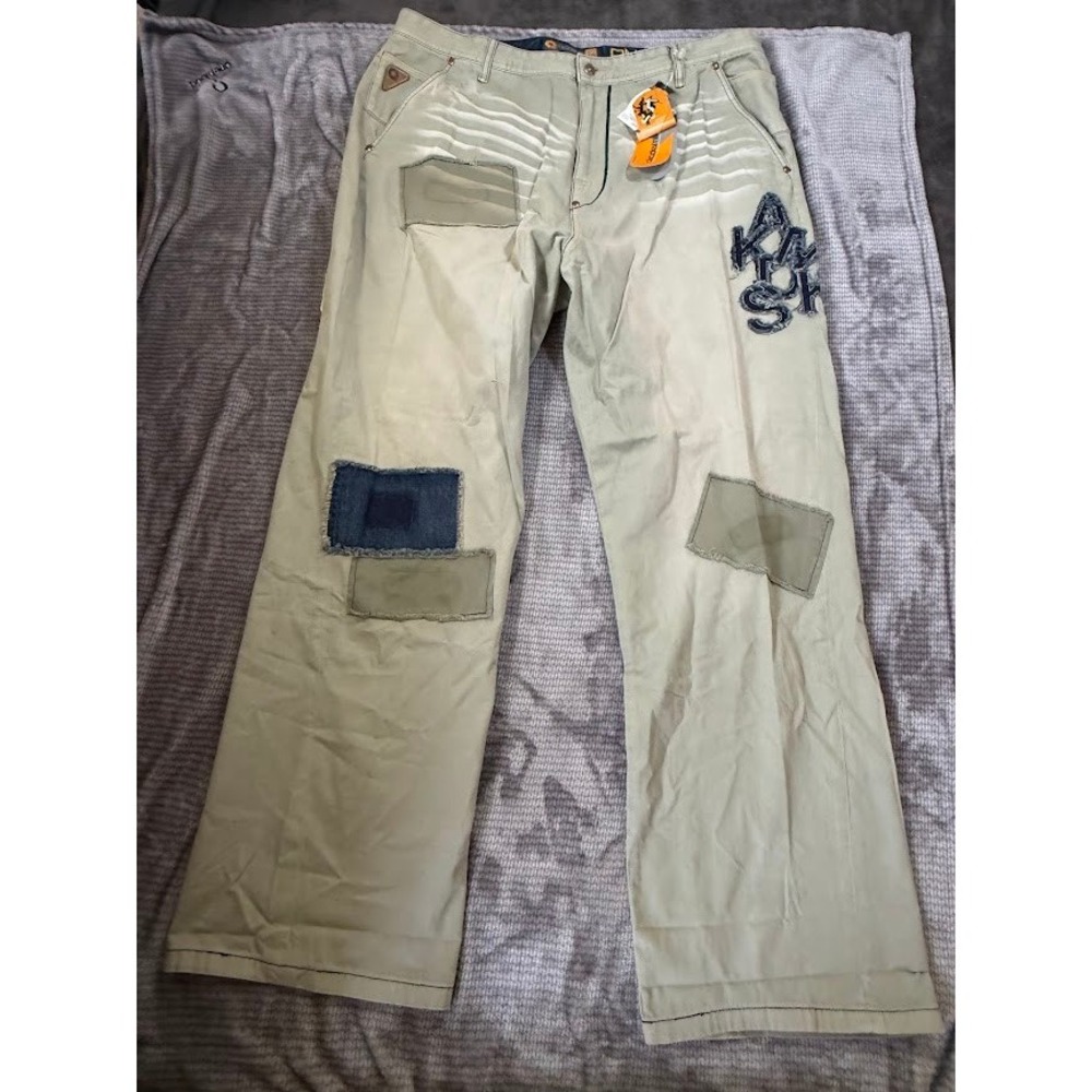Akademiks Baggy Y2K Patchwork Pants Mens 42X34 Tan Streetwear Distressed New Y2K